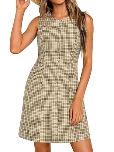 BTFBM Womens Summer Dress 2026 Spring Plaid Crew Neck Sleeveless Button Bodycon Mini Vintage Business Casual Dresses(Khaki, Large) - Thumbnail 2