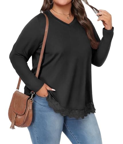 Lastshe Womens Plus Size Casual Tops Long Sleeves T Shirt Fashion Dressy Plus Size Fashion Blouses Tunic, Black, 2X - Image 1