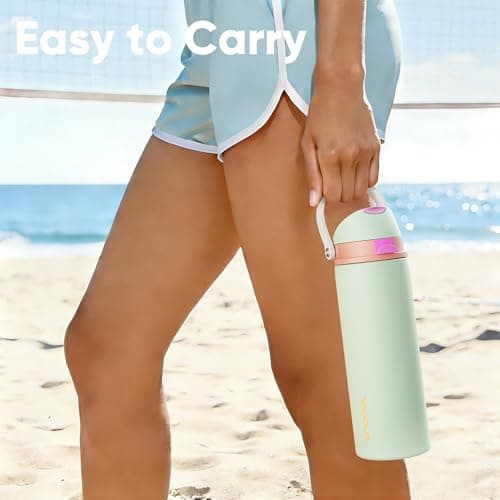 Insulated Water Bottle with Straw - Encool Stainless Steel Water Bottle with Push Button Lid, Leak-Proof & BPA-Free, Keeps Cold for 24 Hours for Sports, Travel, Gym (32 oz, Geyser Green) - Thumbnail 2