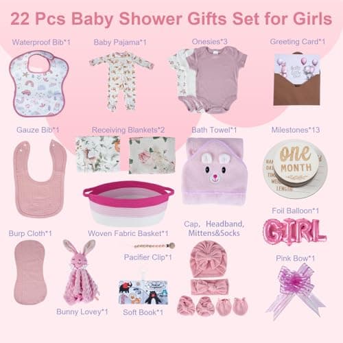 Budyvayi 22-Pcs Baby Girl Gift Basket Set, Pink (0-12M Newborn) | Premium Baby Shower Gifts for Girls: Newborn Essentials Set in Woven Basket with Balloon & Bow, Ultimate Welcome Baby Package - Thumbnail 2