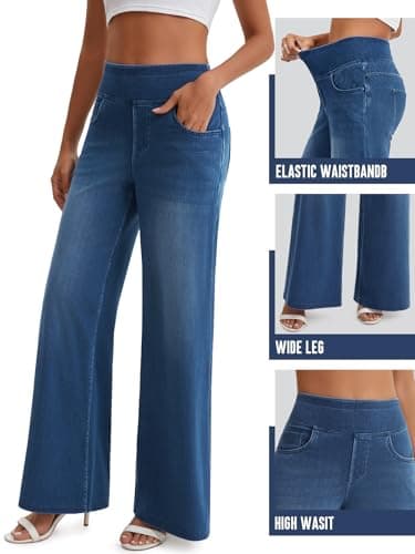 JEAVIA Women's Wide Leg Jeans High Waisted Pull On Baggy Jeans Stretchy Elastic Waist Sweatpant Trendy Loose Denim Pants Blue - Thumbnail 4