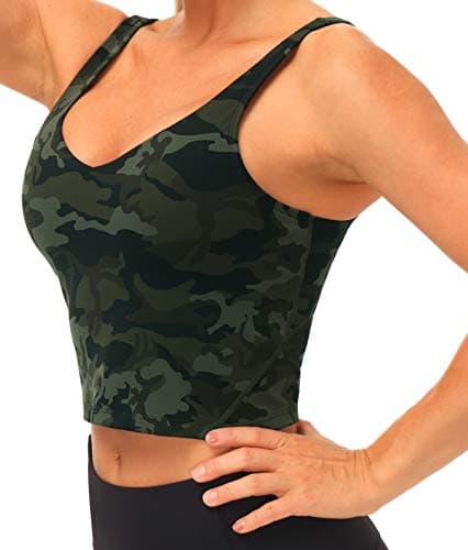 Women’s Longline Sports Bra Wirefree Padded Medium Support Yoga Bras Gym Running Workout Tank Tops Green Camo - Thumbnail 4