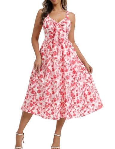 Belle Poque Summer Dresses for Women 2026 Tie Front Dress Beach Wedding Guest Dress Floral Sundress with Pockets (Red,XL) - Image 1