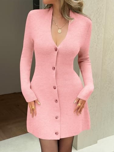 Wenrine Womens Deep V Neck Sweater Dress Sexy Knit Button Down Long Sleeve A Line Fall Mini Dresses Pink - Thumbnail 3