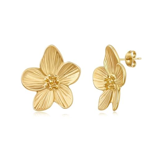 EINNULEIN 18K Gold Plated Gold Flower Earrings For Women Trendy Hypoallergenic Large Statement Stud Earring 925 Sterling Silver Post Floral Earrings Jewelry Gifts - Image 1