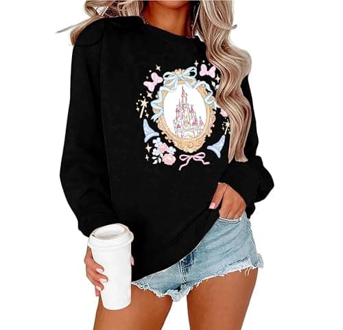 IZROLO Magical Sweatshirts for Women Magic Shirt Cute Bow Graphic Long Sleeve Shirts Vacation Tops Black - Image 1