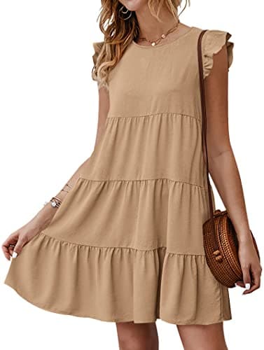 KIRUNDO Flowy Summer Dress for Women Sleeveless Ruffle Cap Sleeve Round Neck Loose Short Pleated Mini Babydoll Sun Dresses(Khaki, Medium) - Image 1