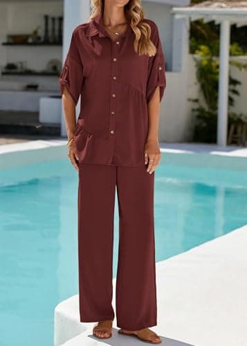 KIRUNDO Two Piece Sets for Women Spring Outfits 2026 Summer Dressy Casual Button Down Shirt Wide Leg Pants Lounge Set(Brown, Small) - Thumbnail 3