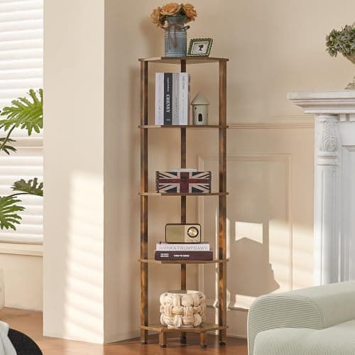 YUFAM 5-Tier Corner Shelf with Sturdy 5-Leg Base, 52in Tall Narrow Bookcase for Small Spaces, Wooden Plant Display Shelf, Thin Bookshelf for Living Room, Bedroom, Office, Brown - Image 1