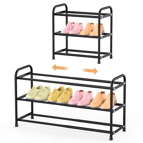 isightguard Expandable 3 Tier Shoe Rack for Closet Floor, 16"-30" Adjustable Small Shoe Organizer for Entryway, Front Door & Dorm, Space Saving Metal Shoe Shelf for Small Spaces, Black - Image 1
