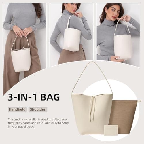 Genuine Leather Bucket Bag with Credit Card Holder Wallet, First Layer Pebble-grained Calfskin Tote Bag, Leather Handbag with Cotton Insert Pocket (White, Small) - Thumbnail 5