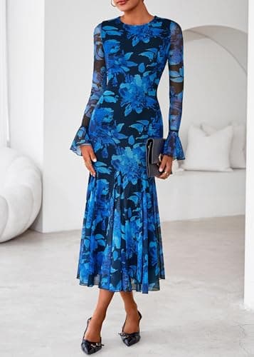 Lazysmile Women's Long Sleeve Floral Maxi Dresses Fall Formal Crewneck Bodycon Mesh Ruffle Wedding Guest Cocktail Party Dress Blue - Thumbnail 6