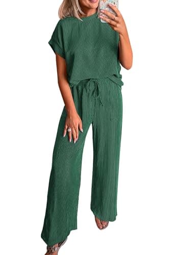 KIRUNDO 2 Piece Sets for Women Dressy Casual Ribbed Knit Short Sleeve Tops Wide Leg Pants Lounge Set Travel Airport Outfits(Dark Green, X-Large) - Image 1