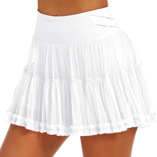 Stelle Women's High Waist Athletic Skorts with Shorts Pockets Ruffle Flowy Mini Cake Skirt Layered Pleated Cute Casual Summer (White,XS) - Image 1
