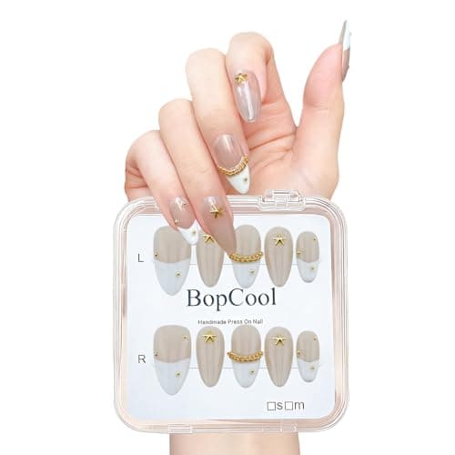 Handmade Press On Nails Medium Almond Shape - 3D Gold Metallic Embellished White French Manicure False Nails , Minimalist Design | Salon Quality Reusable Fake Nails(10PCS-S) - Image 1