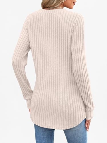 ANRABESS Womens Henley Shirts Long Sleeve Tunic Tops 2025 Fall Fashion Outfits Ribbed Knit Sweaters Ladies Casual Clothes Light Khaki - Thumbnail 5