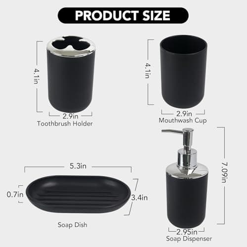 4 Piece Bathroom Accessories Set, Plastic Bathroom Toothbrush Holder Set- Bathroom Sets, Toothbrush Holder, Mouthwash Cup, Soap Dispenser, Soap Dish, Boho Modern Bath Decor Gift for Home, Black - Thumbnail 3