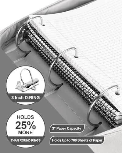 HINOOR 3-Inch 3-Ring Zipper Binder with Shoulder Strap, D-Ring Zip Up Binder with 700 Sheets Capacity, Compatible with 13" MacBook, 12.9" Tablet, for Middle School, College, Office (Gray) - Thumbnail 2