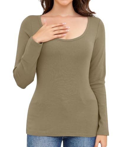 Ganado Long Sleeve Shirts for Women Scoop Neck Thermal Shirt Plain Basic Tops Fitted Layering Undershirts (Light Brown, X-Large) - Image 1
