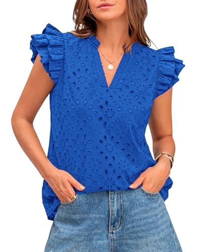 BTFBM Spring Summer Tops for Women 2026 Dressy Casual V Neck Ruffle Cap Sleeve Embroidered Eyelet Blouses Resort Wear(Blue, Large) - Image 1