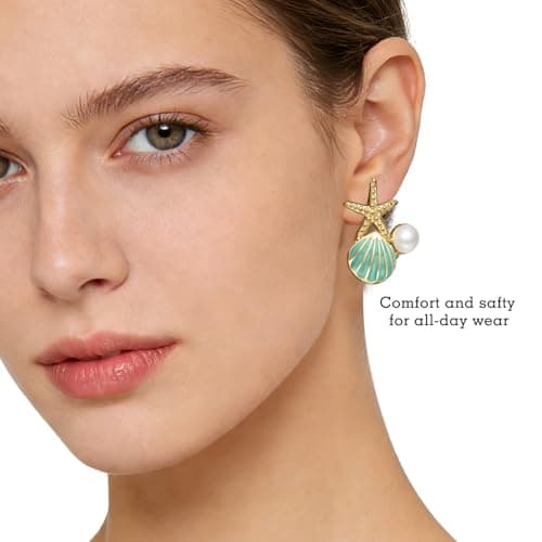 Stainless Steel Starfish & Seashell Earrings for Women | Elegant Pearl Drop Dangle Earrings with Starfish Top, Hypoallergenic Beach Vacation Jewelry | Summer Tropical Outfits, Dresses Trendy 2026 Fashion Accessories (Light Blue) - Thumbnail 2