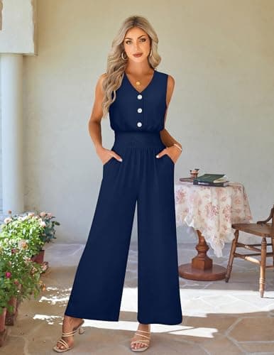 LOOKBOHO Jumpsuits for Women Dressy Summer V Neck Sleeveless Wide Leg Long Pants Romper Fashion Travel Outfit(NB,XL) - Thumbnail 6