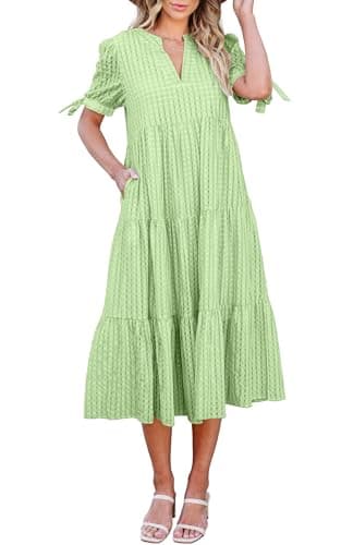 ECOWISH Women Summer Casual Dress - V Neck Short Sleeve Gingham Midi Pleated Tiered Loose Fit Holiday Picnic Dresses Light Green Large - Image 1