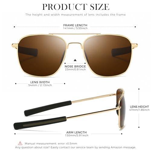SUNGAIT Real Glass Lens Sunglasses for Men and Women: Military Style Pilot Aviator HD Shades with Upgraded Spring Hinge Bayonet Temples SGT286JC-BLP - Thumbnail 6