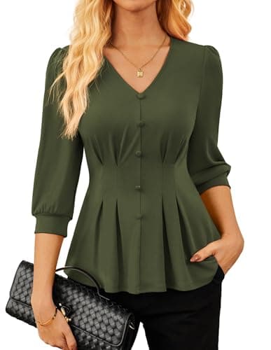 GRACE KARIN Women Business Casual Tops, 2026 Summer Trendy Dressy Blouses, 3/4 Sleeve V Neck Work Shirts Olive Green Medium