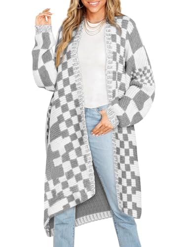 Saodimallsu Womens Checkered Long Cardigans Chunky Oversized Open Front Batwing Sleeve Color Block Knit Sweater Coats Grey - Image 1