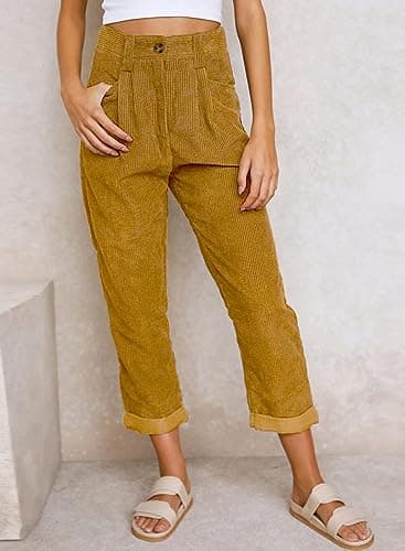 Womens Corduroy Pants Casual High Waisted Straight Leg Vintage Trousers for Women with Pockets (Khaki US 4) - Thumbnail 3