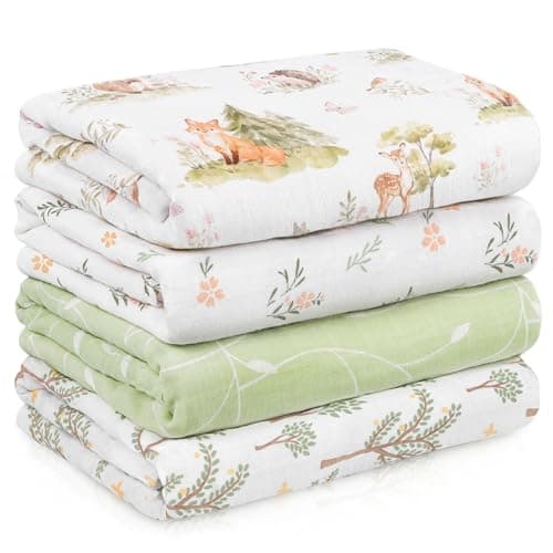 Civarua Kids Muslin Swaddle Blankets for Newborn, 4 Pack Cotton Baby Blankets Neutral, Large 31.5 x 43.3 Breathable Soft Receiving Blanket, Essentials Swaddle Wrap Burping Clothes, Green Jungle Animal