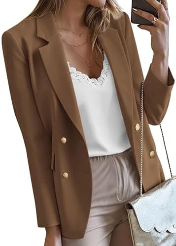 KIRUNDO Blazers for Women Business Casual 2025 Fall Long Sleeve Double Breasted Open Front Work Suit Jackets with Pockets(Brown, Small) - Image 1