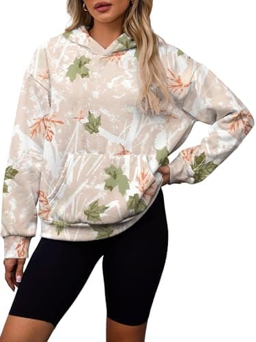 Bellcoco Womens Camo Hoodies Maple Leaf Print Fleece Sweatshirt Long Sleeve Pullover Tops Hooded Fall Winter Clothes Golden L - Image 1
