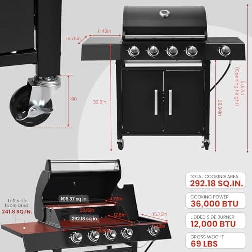 RYHOFOUD 4-Burner w/Side Burner Gas Grill with 292 SQ.IN. Outdoor Grill with 44,000 BTU,Propane Grills with Top Cover Lid,Grills Outdoor Cooking for Patios,Camping,Balcony-Q043 - Thumbnail 4