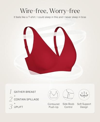 Wireless Bras for Women No Underwire Seamless Push Up Bra with Support and Lift Comfy Bralettes Jelly Deep V Comfortable Tshirt Bra Red XL - Thumbnail 4