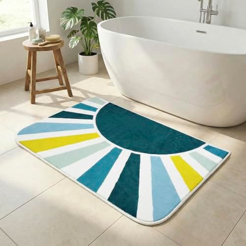 BLESWIN Bathroom Rugs Non Slip, 24x43 Washable Fluffy Colorful Bath Mat, Aesthetic Ultra Soft Rainbow Sun Bathmat for Home Decor Bedroom Kids Room, Blue Green - Image 1