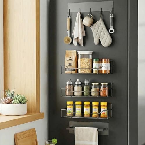 Magnetic Spice Rack for Refrigerator, 5 Pack Magnetic Fridge Organizer Shelves, Strong Magnet, No Drilling, Space Saving Shelf Organizer for Kitchen, Refrigerator & Laundry Room Storage (Grey)