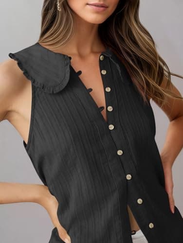 Womens Peter Pan Collar Sleeveless Shirt Summer Eyelet Cotton Button Down Tank Tops Casual Ruffle Flowy Blouse Vest Black - Thumbnail 2