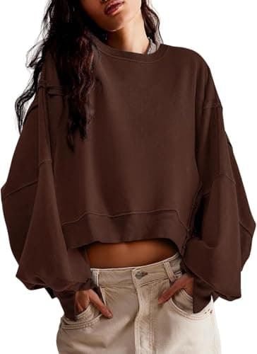 ALPSWARE Womens Cropped Sweatshirt Long Sleeve Tops Crewneck Loose Tee Fall Pullover Crop Side Slit Casual Coffee S - Image 1