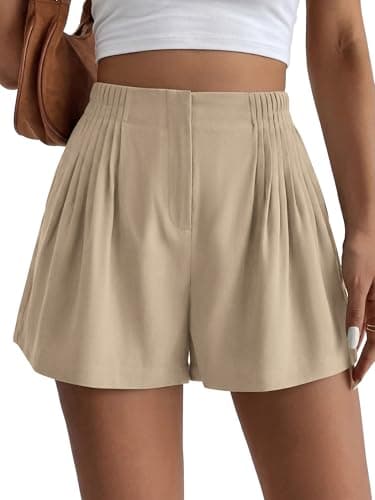 BTFBM Womens Shorts Casual 2026 Spring Summer Elastic High Waisted Pleated Cotton Shorts Beach Vacation Outfits Pockets(Khaki, Small) - Image 1