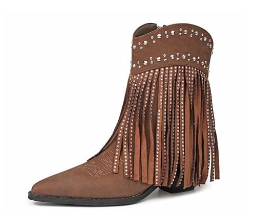 feetquake Cowboy Boots for Women Studded Rhinestone Sparkly Western Fringe Boots Vintage Faux Nubuck Brown Cowgirl Boots Women 7.5M - Image 1