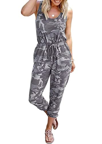 KIRUNDO Women 2026 Summer Jumpsuits Casual Sleeveless Drawstring Elastic Waist Romper Vacation Cruise Airport Travel Outfits(Camouflage Grey, Small) - Image 1