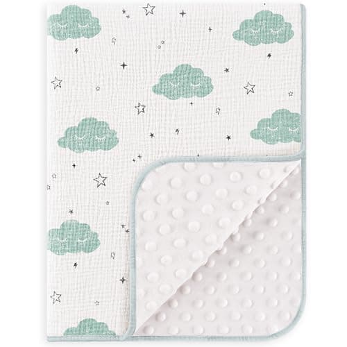 Susurration Baby Blanket for Unisex Boys Girls, Soft Nursery Minky Blanket with Muslin Cotton Front and Dotted Fleece Back, Receiving Blanket for Baby Newborn Infant, 30x40inch (Cloud)