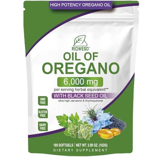 RIOWEGO Oil of Oregano Softgels with Black Seed Oil, 6000mg High Potency Oregano Oil Capsules for Immune Support, Gut Function Support, Carvacrol & Thymoquinone, Non-GMO, Gluten Free,180 Softgels - Image 1