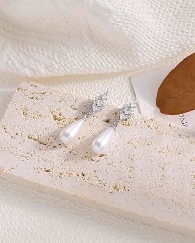 Pearl Earrings for Women, Hypoallergenic Silver Cubic Zirconia Pearl Dangle Earrings Bridal Shower Gifts Wedding jewelry for Women - Thumbnail 4