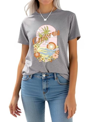 AiMgFUN Women's 2025 Summer Graphic T Shirts,Stylish Short Sleeve Tee, Printed Casual Top,Crew Neck California Grey-L - Image 1