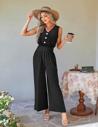 LOOKBOHO Women's Summer Jumpsuit Wide Leg Dressy Pants Casual One Piece Rompers V Neck Sleeveless Fashion Outfit(B,XL) - Thumbnail 4