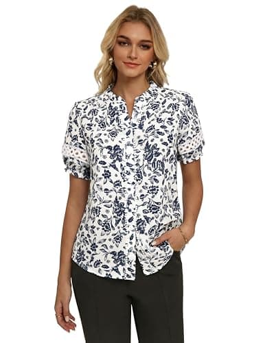 GRACE KARIN Women Boho Floral Tops, Summer Short Eyelet Sleeve Dressy Casual Shirts, Spring Button Down Blouse 2026 Trendy Navy X-Large - Thumbnail 4
