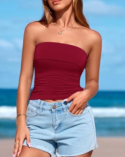 BTFBM Womens Strapless Tube Tops Spring Summer Clothes 2026 Trendy Casual Ruched Stretchy Going Out Bodycon Bandeau Top(Wine Red, XX-Large) - Thumbnail 2
